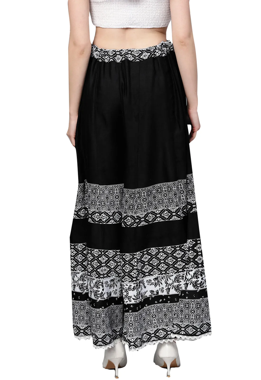 Ishin Women's Rayon Black Printed Palazzo With Lace