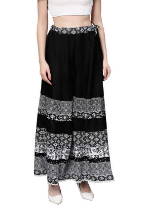 Ishin Women's Rayon Black Printed Palazzo With Lace