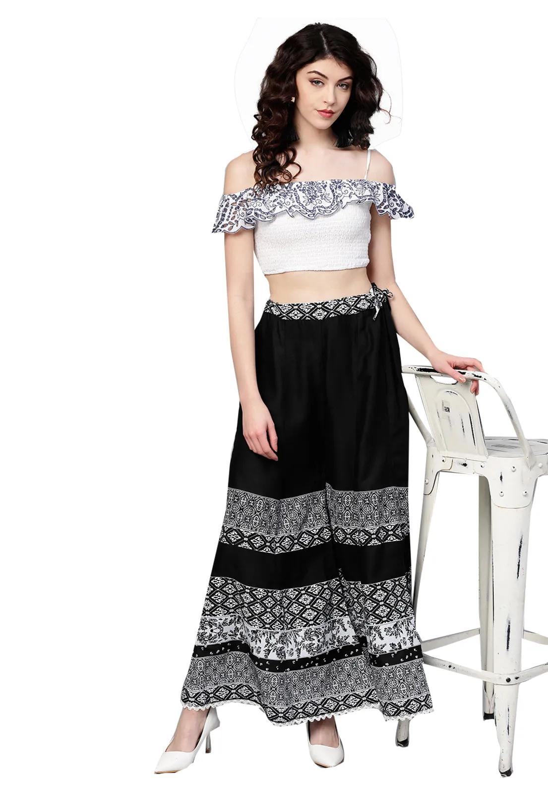 Ishin Women's Rayon Black Printed Palazzo With Lace