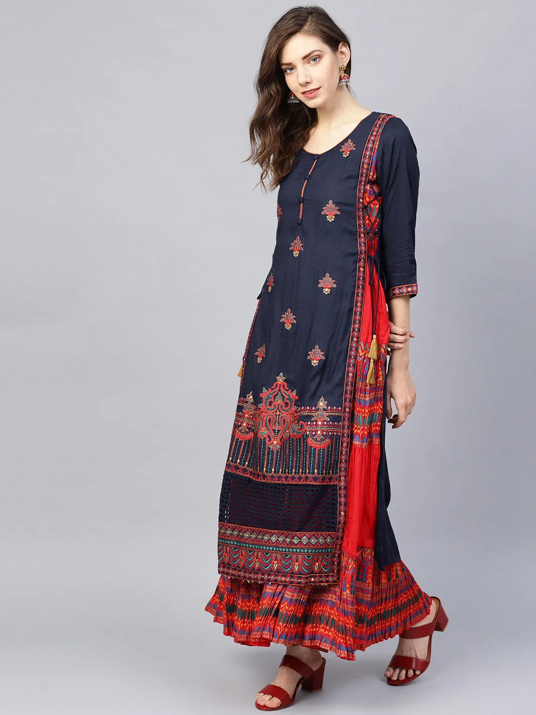 Ishin Women's Rayon Blue Embroidered Anarkali Kurta