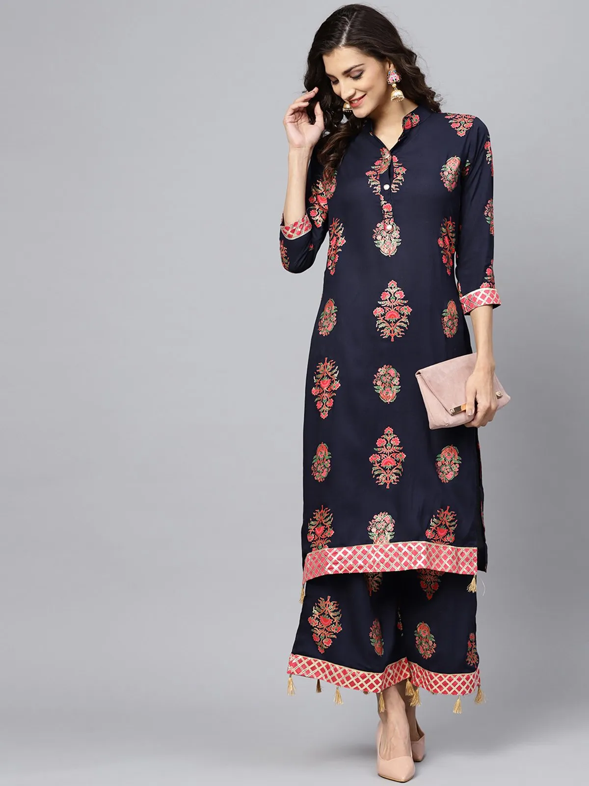 Ishin Women's Rayon Blue Printed A-Line Kurta Palazzo Set