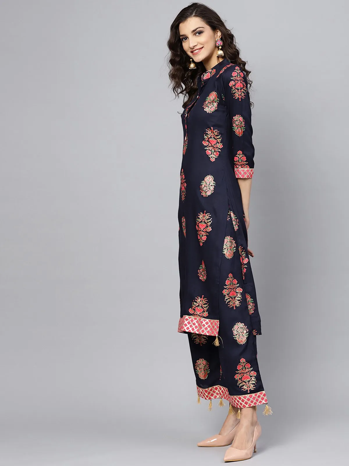 Ishin Women's Rayon Blue Printed A-Line Kurta Palazzo Set
