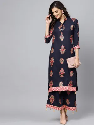 Ishin Women's Rayon Blue Printed A-Line Kurta Palazzo Set