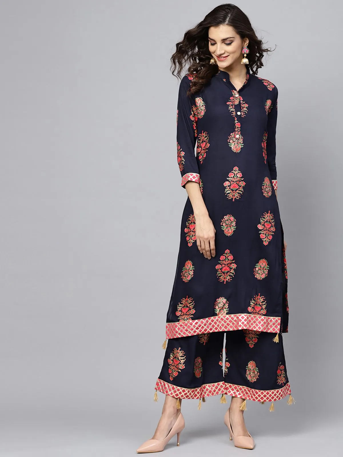Ishin Women's Rayon Blue Printed A-Line Kurta Palazzo Set