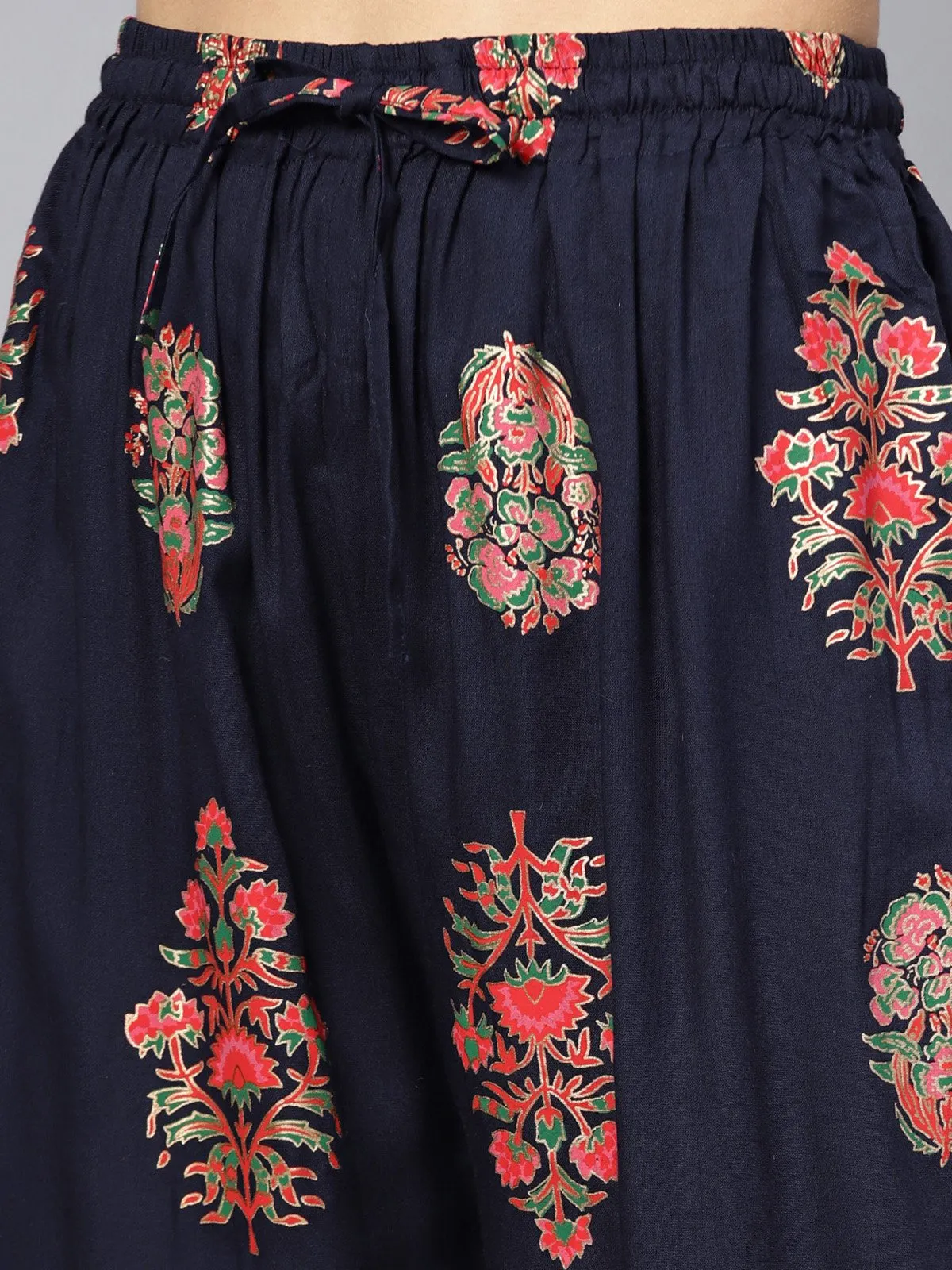 Ishin Women's Rayon Blue Printed A-Line Kurta Palazzo Set