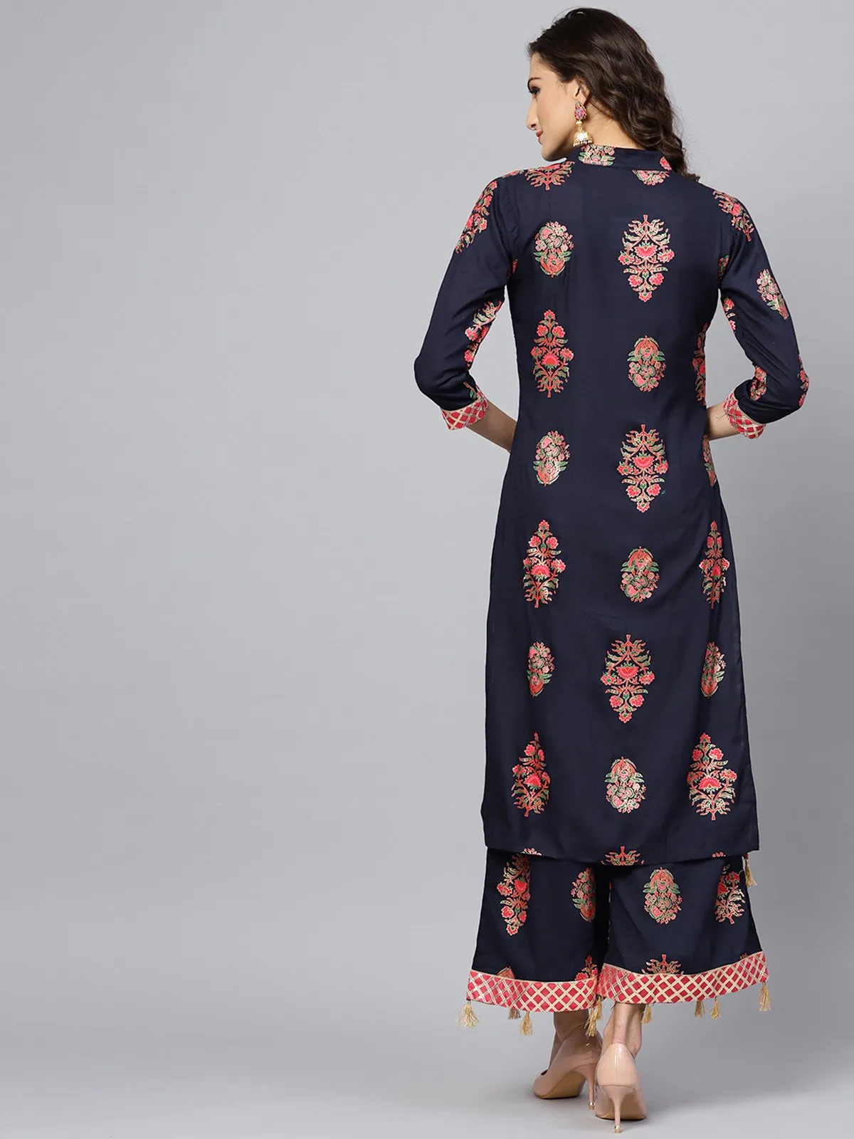 Ishin Women's Rayon Blue Printed A-Line Kurta Palazzo Set