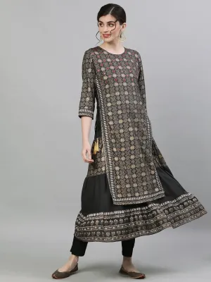 Ishin Women's Rayon Grey Embellished Layered Kurta