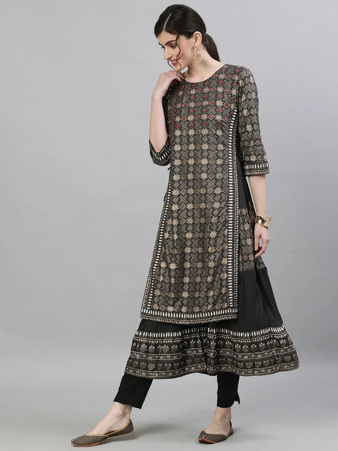 Ishin Women's Rayon Grey Embellished Layered Kurta