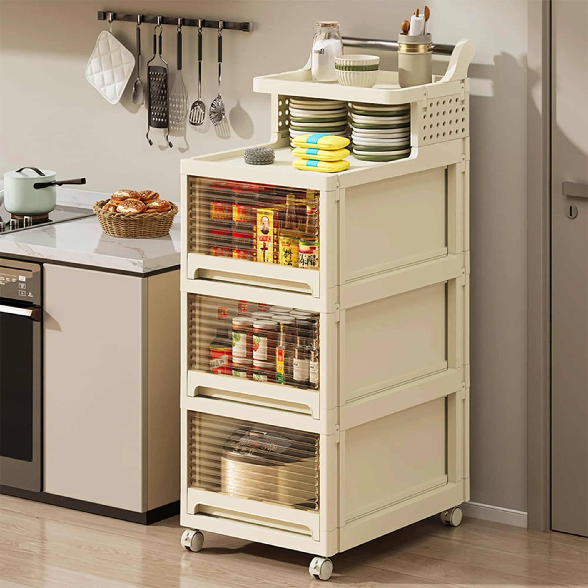 Kuber Industries Pack of 2 Multipurpose Trolley Storage Organiser | 2 Layer Shelf with 3 Drawers Large Capacity, Easy installation, Space Saving | 2123 | White