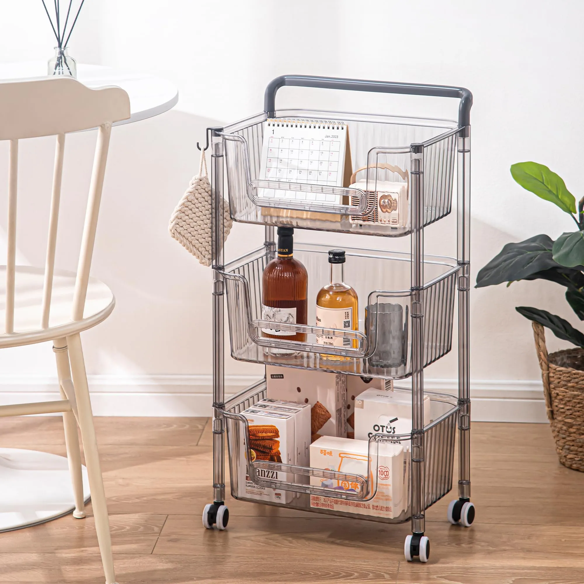Kuber Industries Pack of 3 Multipurpose Trolley Storage Organiser | 3 Layer Shelf | Trolley with Wheels for Kitchen Accessories | Large Capacity, Easy installation, Space Saving | 2123 | Transparent