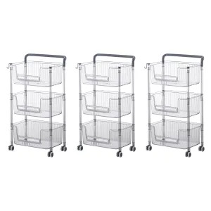 Kuber Industries Pack of 3 Multipurpose Trolley Storage Organiser | 3 Layer Shelf | Trolley with Wheels for Kitchen Accessories | Large Capacity, Easy installation, Space Saving | 2123 | Transparent