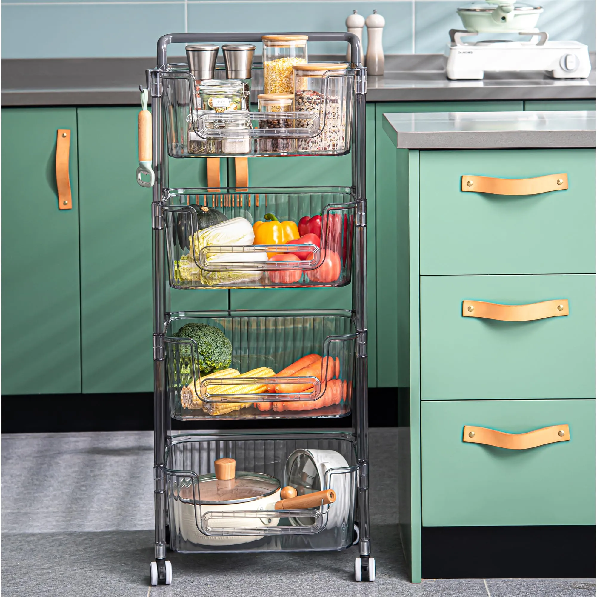 Kuber Industries Pack of 3 Multipurpose Trolley Storage Organiser | 3 Layer Shelf | Trolley with Wheels for Kitchen Accessories | Large Capacity, Easy installation, Space Saving | 2123 | Transparent