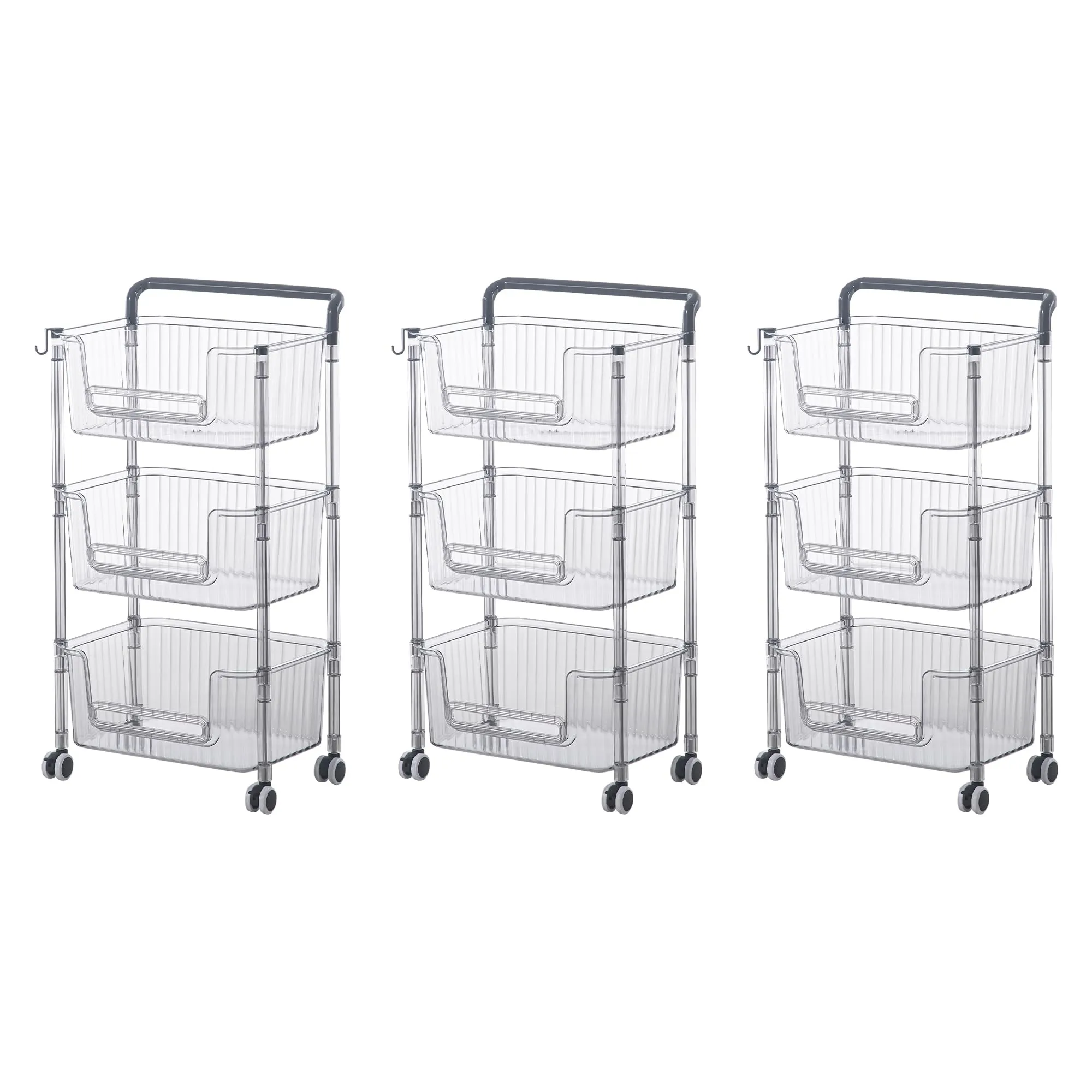 Kuber Industries Pack of 3 Multipurpose Trolley Storage Organiser | 3 Layer Shelf | Trolley with Wheels for Kitchen Accessories | Large Capacity, Easy installation, Space Saving | 2123 | Transparent