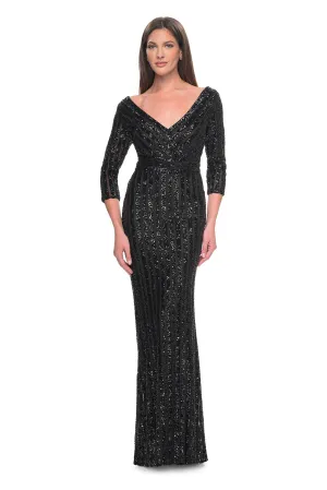 La Femme - 31681 - Elegant Sequin V-Neck Dress with Sleeves