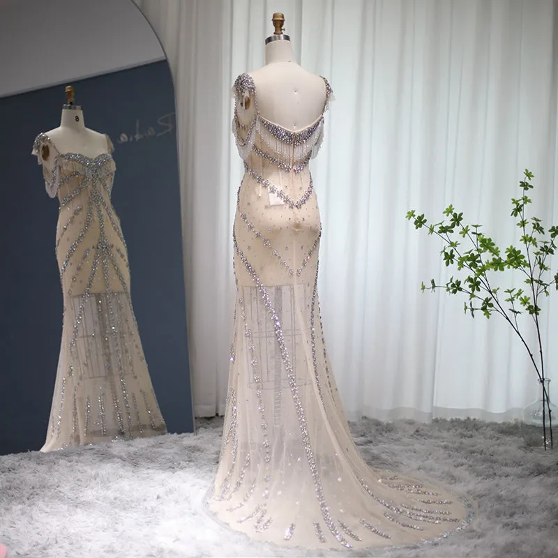 Luxury Crystal Tassel Nude Mermaid Evening Dress SS358