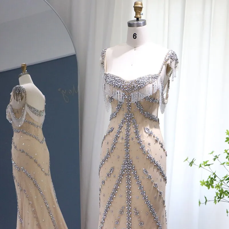 Luxury Crystal Tassel Nude Mermaid Evening Dress SS358