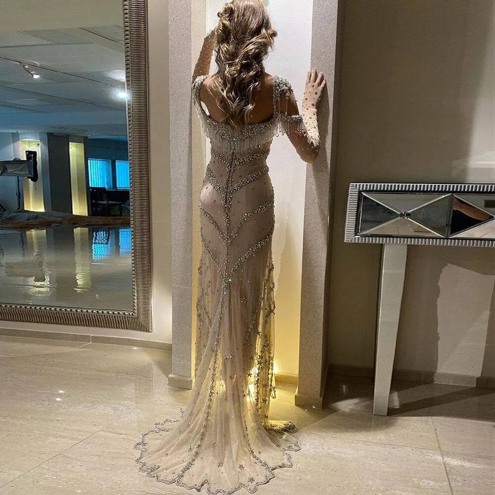 Luxury Crystal Tassel Nude Mermaid Evening Dress SS358