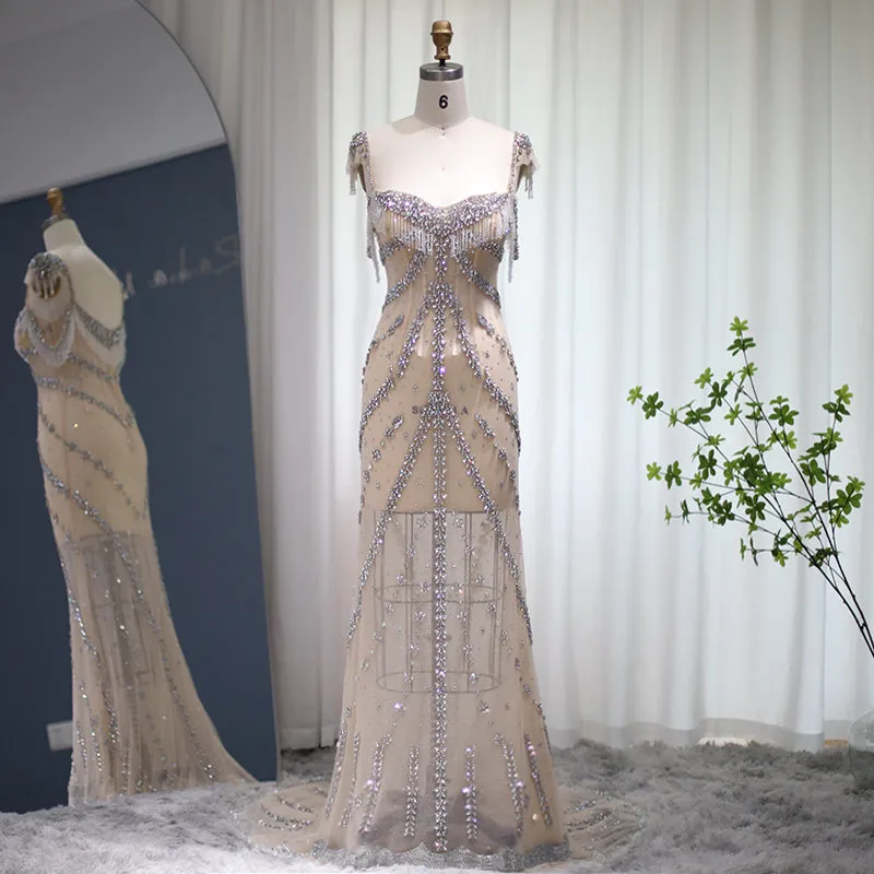 Luxury Crystal Tassel Nude Mermaid Evening Dress SS358
