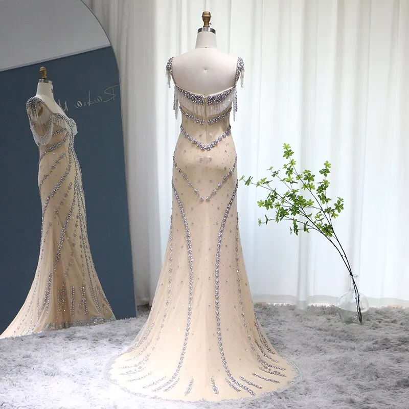 Luxury Crystal Tassel Nude Mermaid Evening Dress SS358