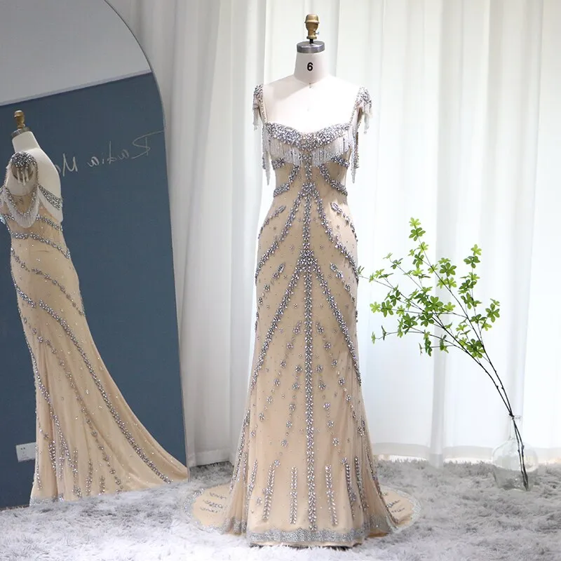 Luxury Crystal Tassel Nude Mermaid Evening Dress SS358