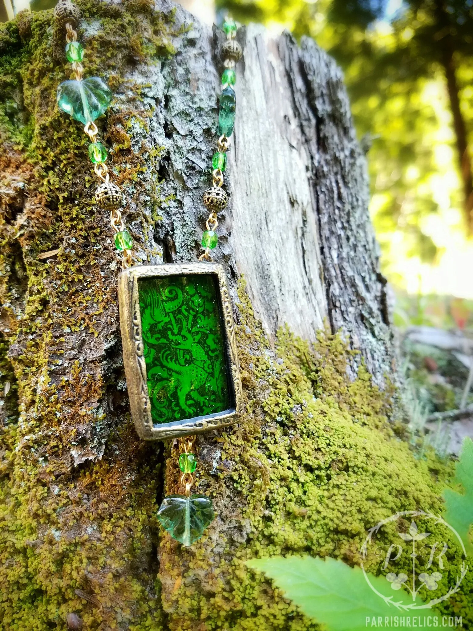 Medieval Beasties Woodcut ~ Emerald Stained Glass Pictorial Amulet