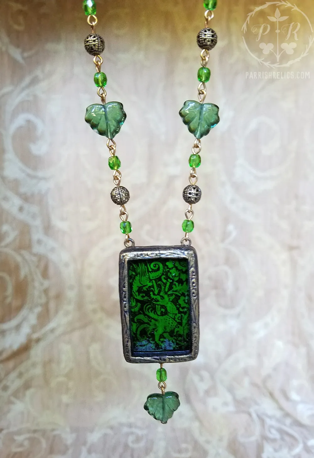 Medieval Beasties Woodcut ~ Emerald Stained Glass Pictorial Amulet