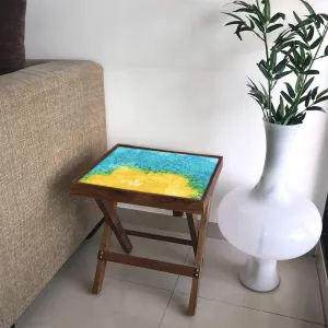 Nutcase Designer Teak Wood Side Table Folding Wooden Bedside Coffee Outdoor Picnic Table - Arctic Space Yellow and Green Watercolor