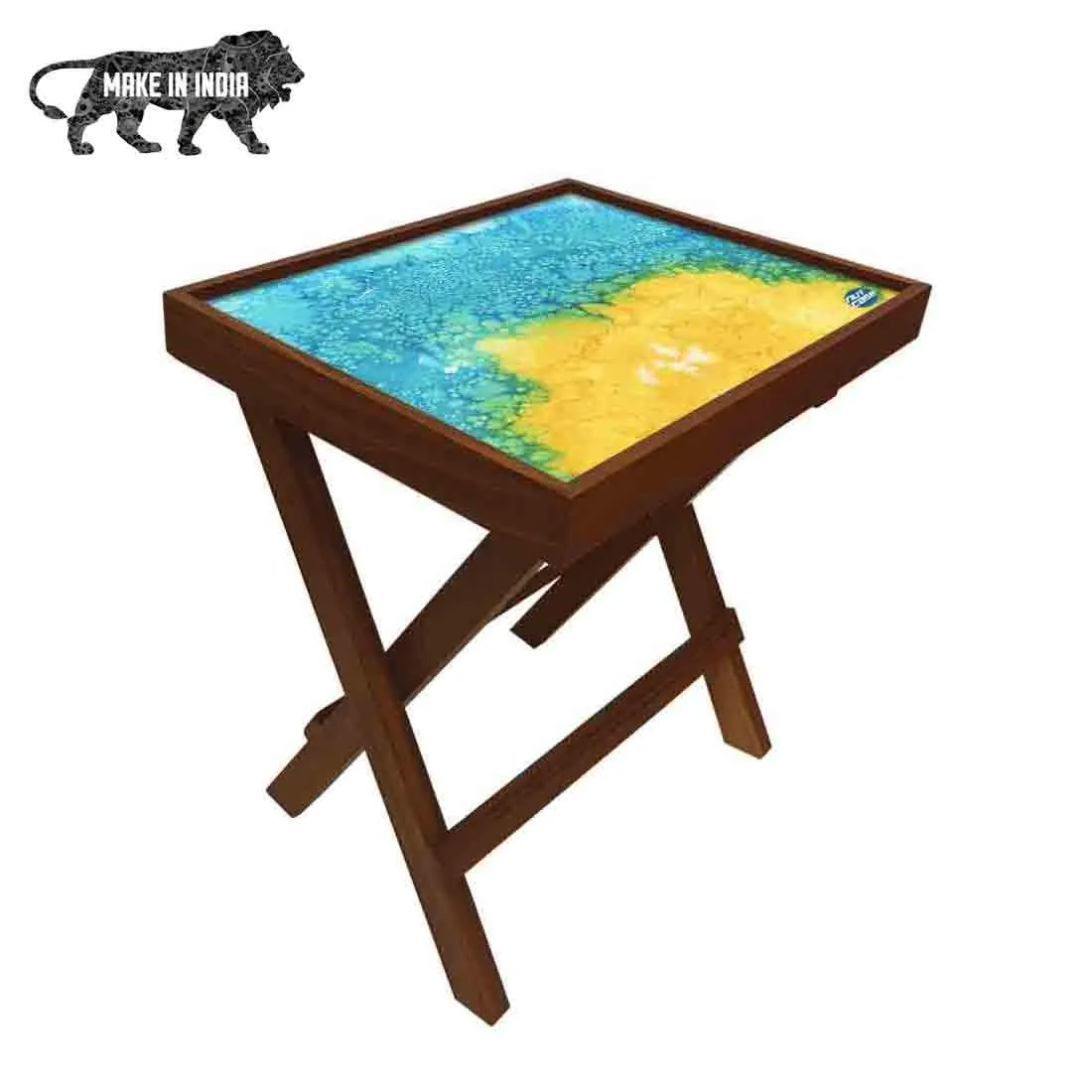 Nutcase Designer Teak Wood Side Table Folding Wooden Bedside Coffee Outdoor Picnic Table - Arctic Space Yellow and Green Watercolor