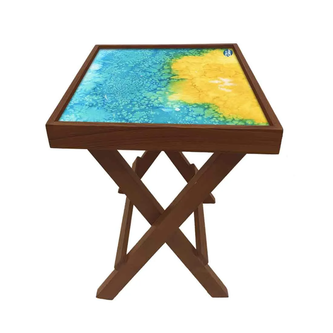 Nutcase Designer Teak Wood Side Table Folding Wooden Bedside Coffee Outdoor Picnic Table - Arctic Space Yellow and Green Watercolor