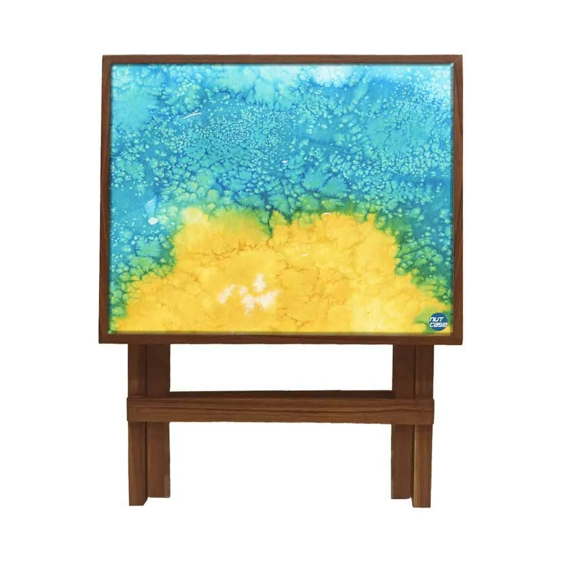 Nutcase Designer Teak Wood Side Table Folding Wooden Bedside Coffee Outdoor Picnic Table - Arctic Space Yellow and Green Watercolor