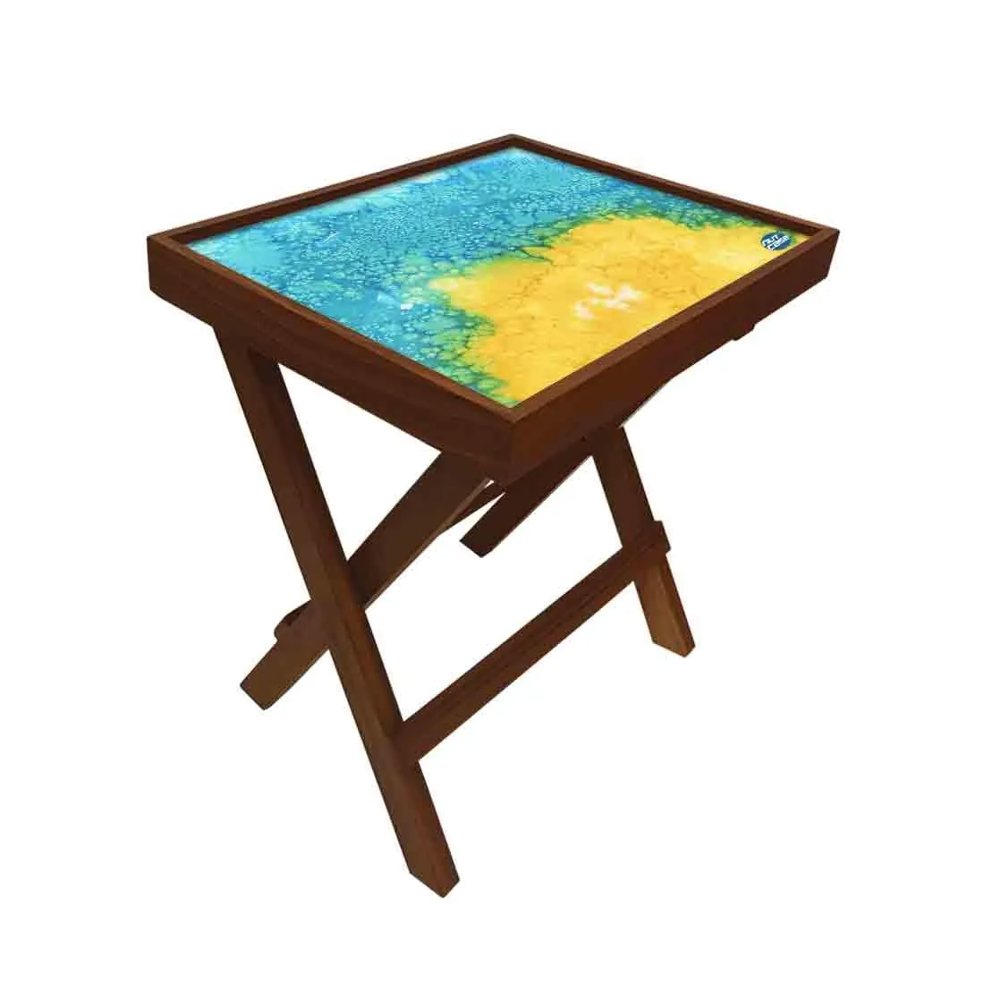 Nutcase Designer Teak Wood Side Table Folding Wooden Bedside Coffee Outdoor Picnic Table - Arctic Space Yellow and Green Watercolor