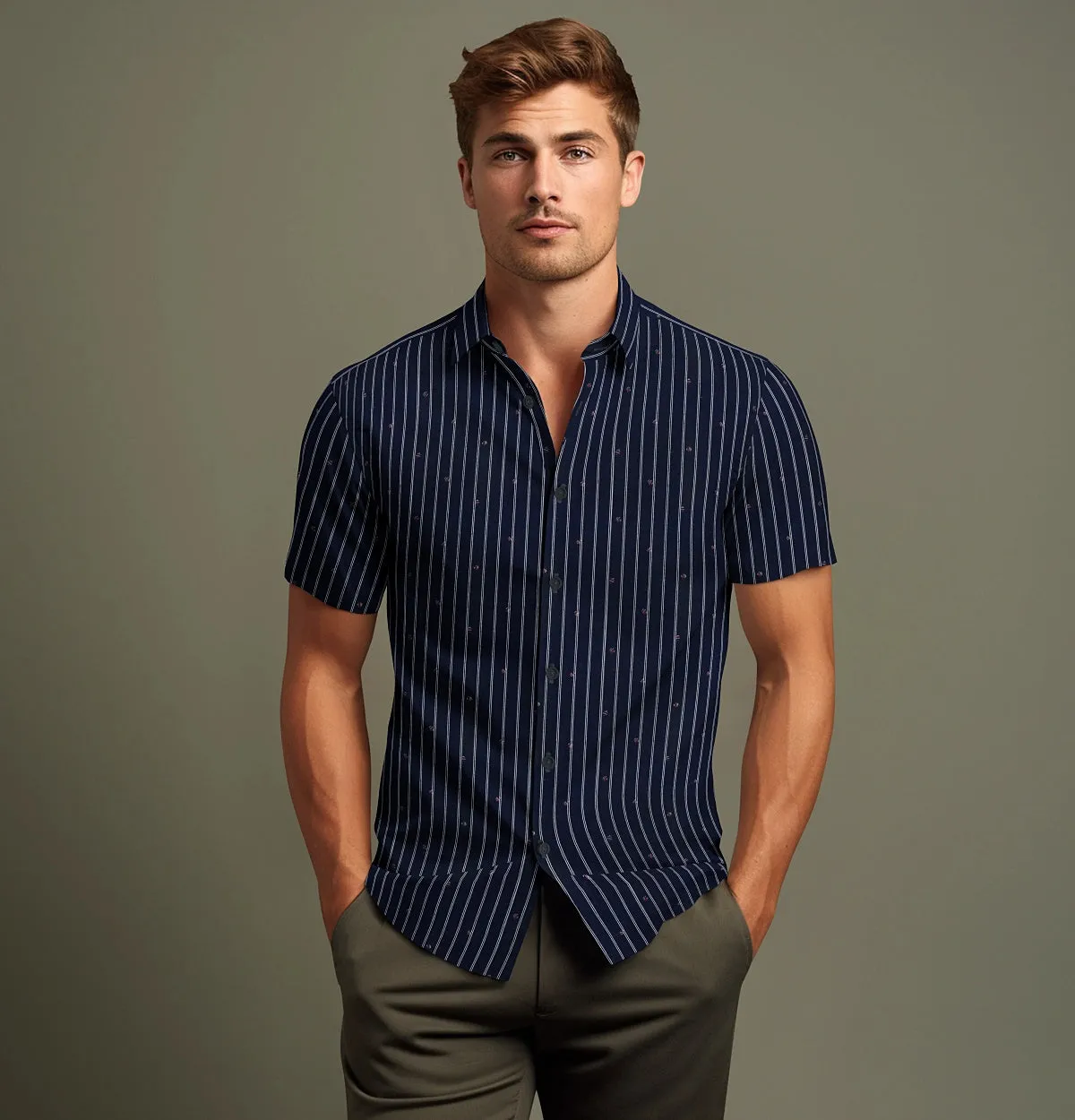 Pure Cotton - Semi-Spread Collar - Short Sleeve - Ocean Accents