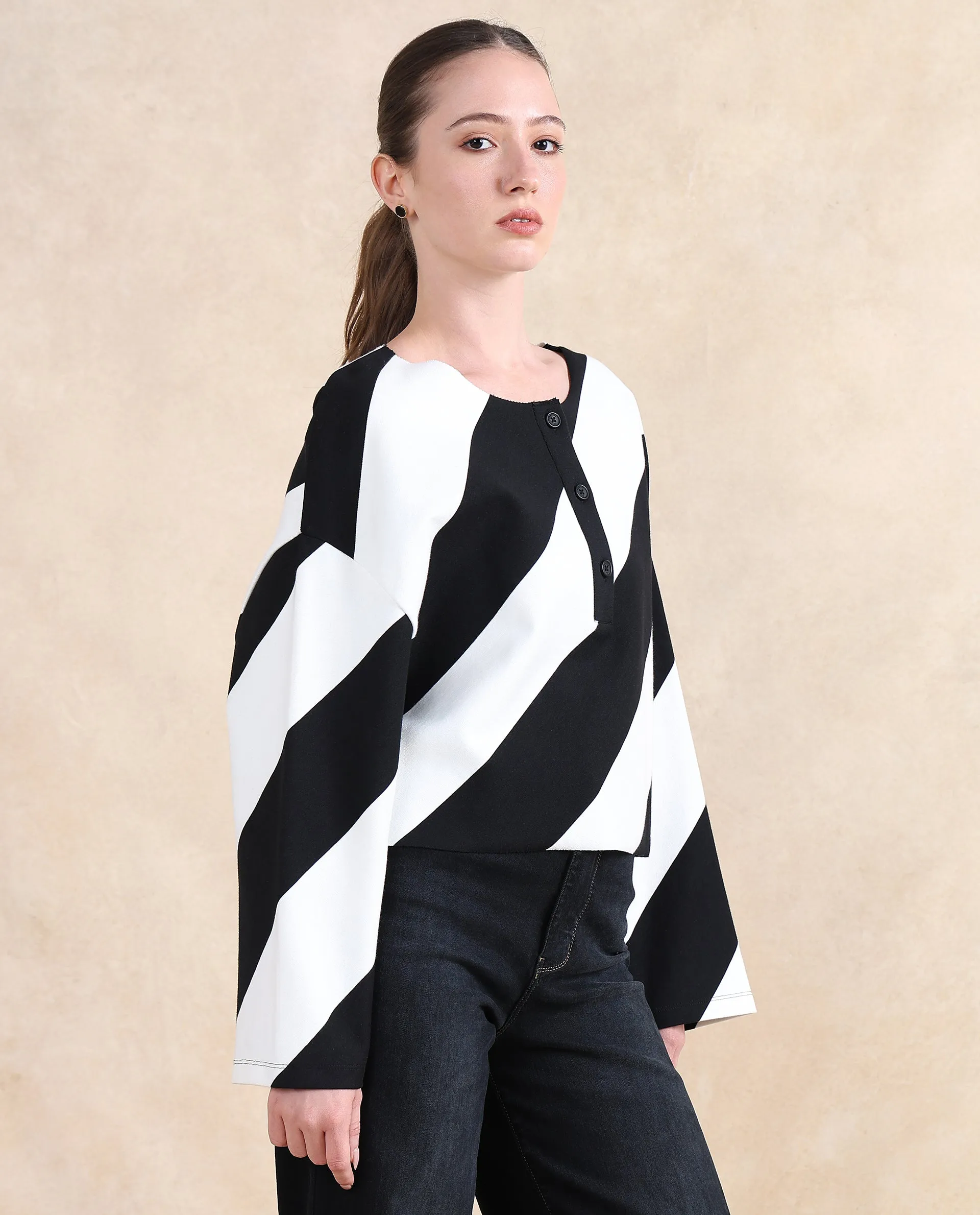 Rareism Women Yarny Black Full Sleeve Henley Neck Button Closure Relaxed Fit Broad Stripes Top