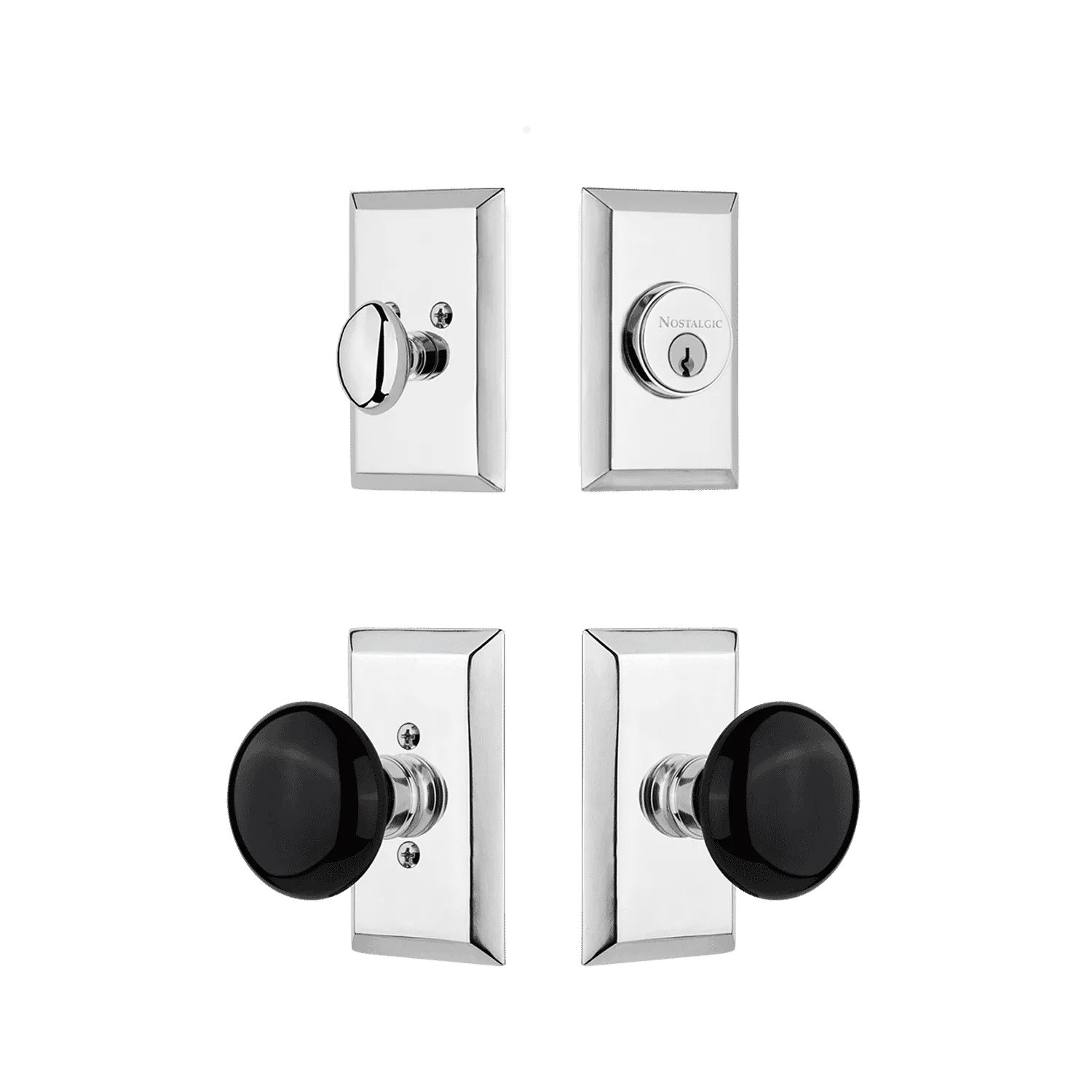 Studio Entry Set with Black Porcelain Knob in Bright Chrome