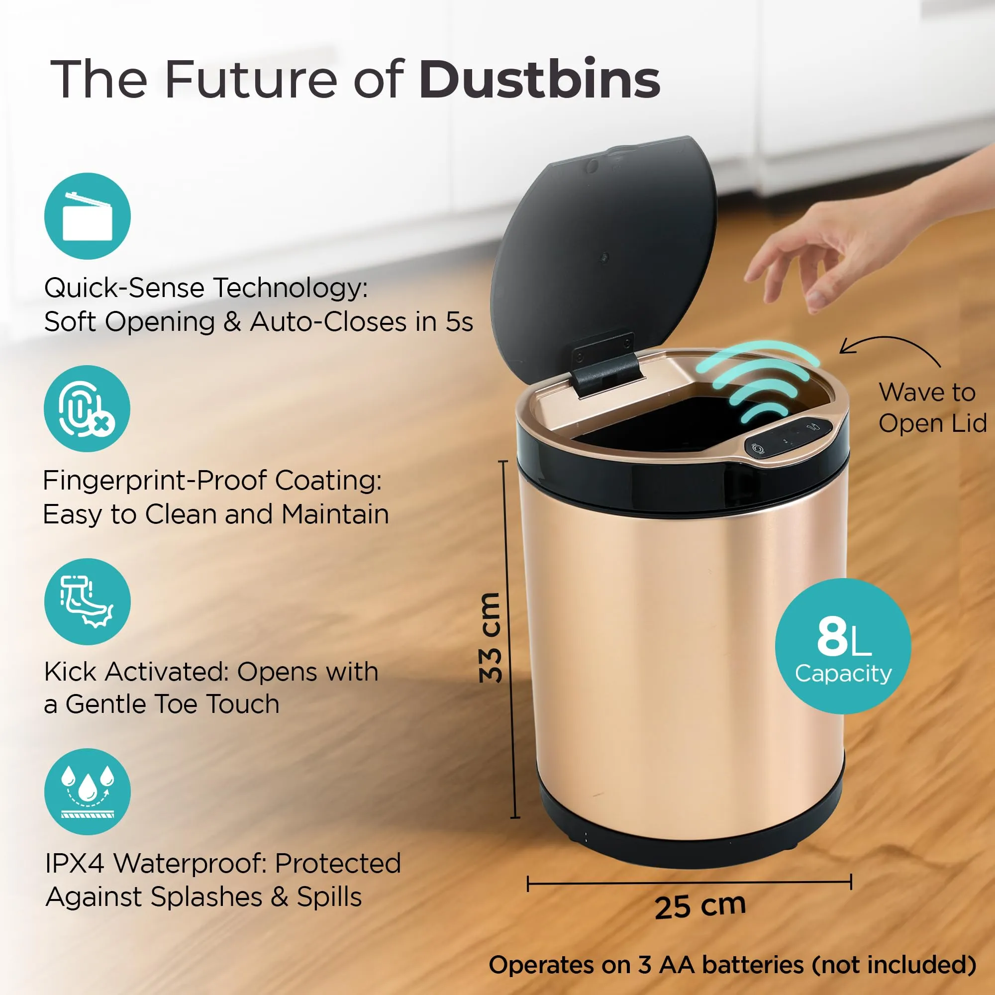 The Better Home 8L Automatic Stainless Steel Dustbin With Lid | (33cm) Dustbin For Kitchen | Dustbin For Bathroom | Small Dustbin | Soft Close & Anti-fingerprint Dustbin | Gold