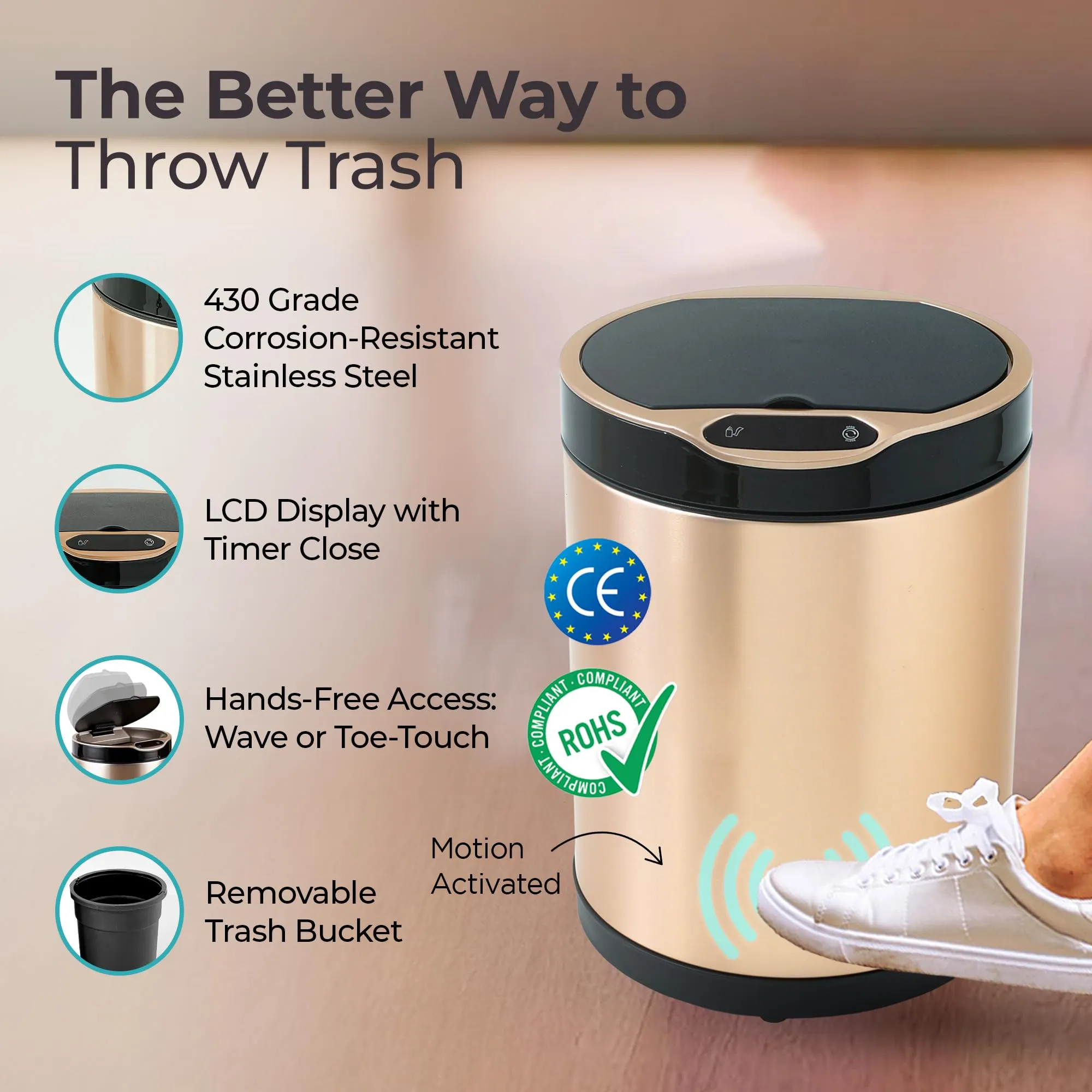 The Better Home 8L Automatic Stainless Steel Dustbin With Lid | (33cm) Dustbin For Kitchen | Dustbin For Bathroom | Small Dustbin | Soft Close & Anti-fingerprint Dustbin | Gold