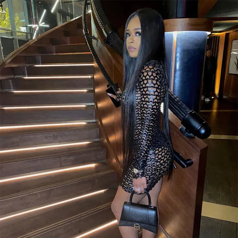 Trendy Mesh Hollow Out Mini Party Dress