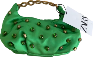 ZARA Green Satin Embellished Bag With Chain Handle One Size