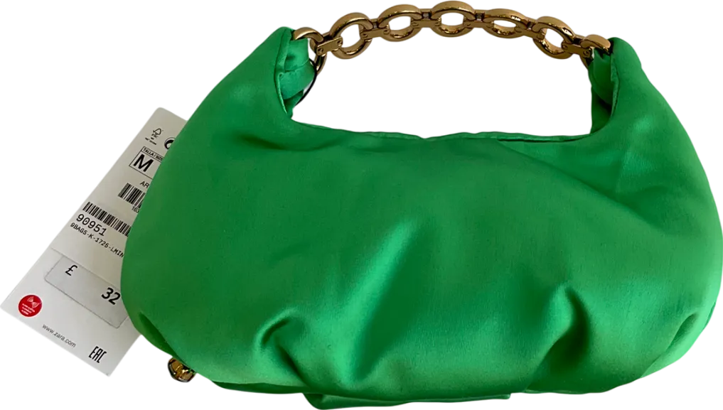 ZARA Green Satin Embellished Bag With Chain Handle One Size
