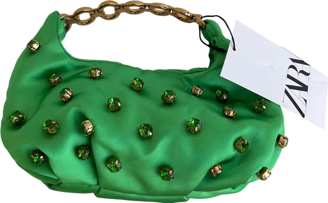 ZARA Green Satin Embellished Bag With Chain Handle One Size